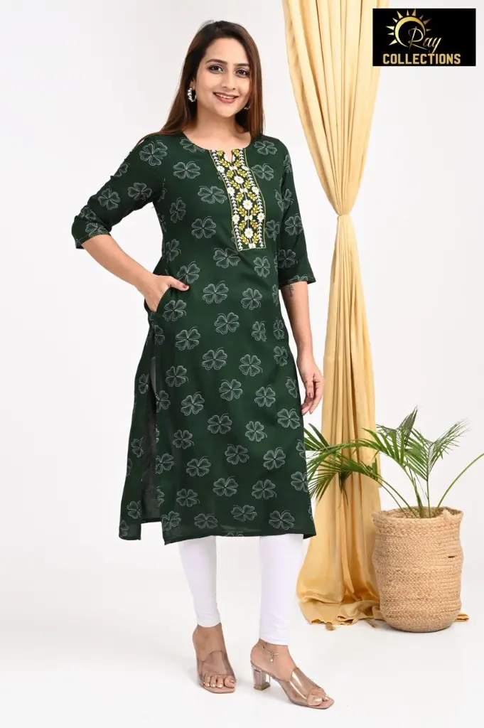 Emb Office & college wear kurtis B Green Flower  (S-38)