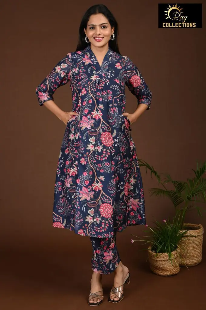 Aline Muslin Cordsets with lining Floral Navy Blue   (S-38)