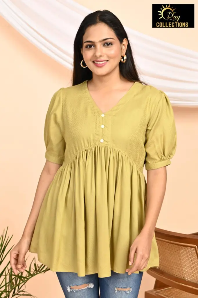 Short Tops V Neck Olive Green  (XS-36)