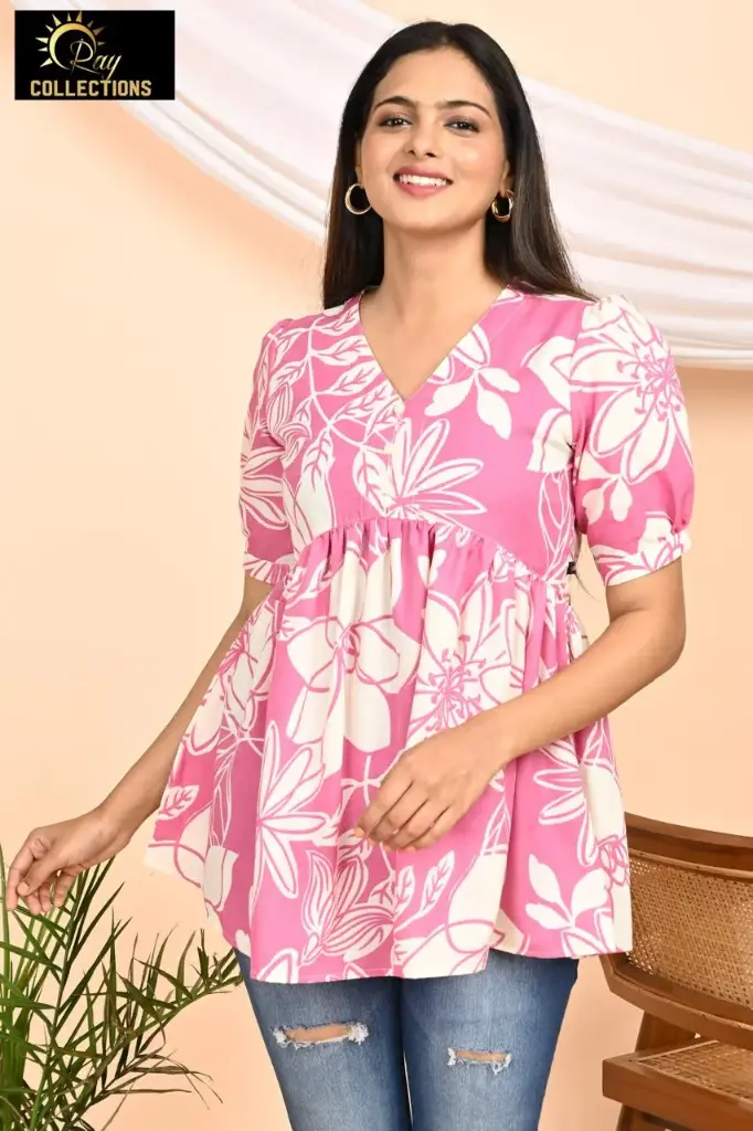 Short Tops Floral Pink Cotton   (XS-36)