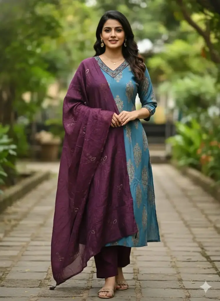 Cotton silk Peacock Blue kurtasets  (S-38)