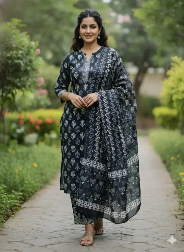 Cotton Blue kurtasets Black with White  (S-38)