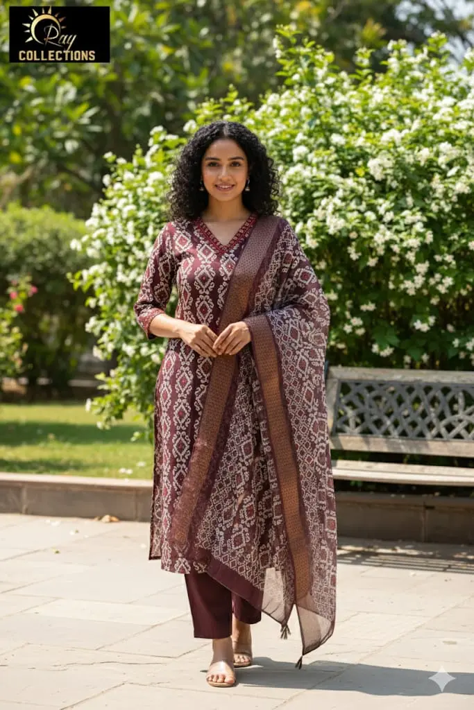 Festival wear sets V Neck Embroidery Brown  (S-38)