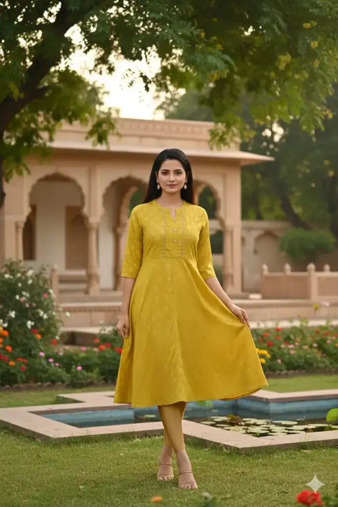 Umbrella kurtis-2 Collar Neck Greenish Yellow  (S-38)