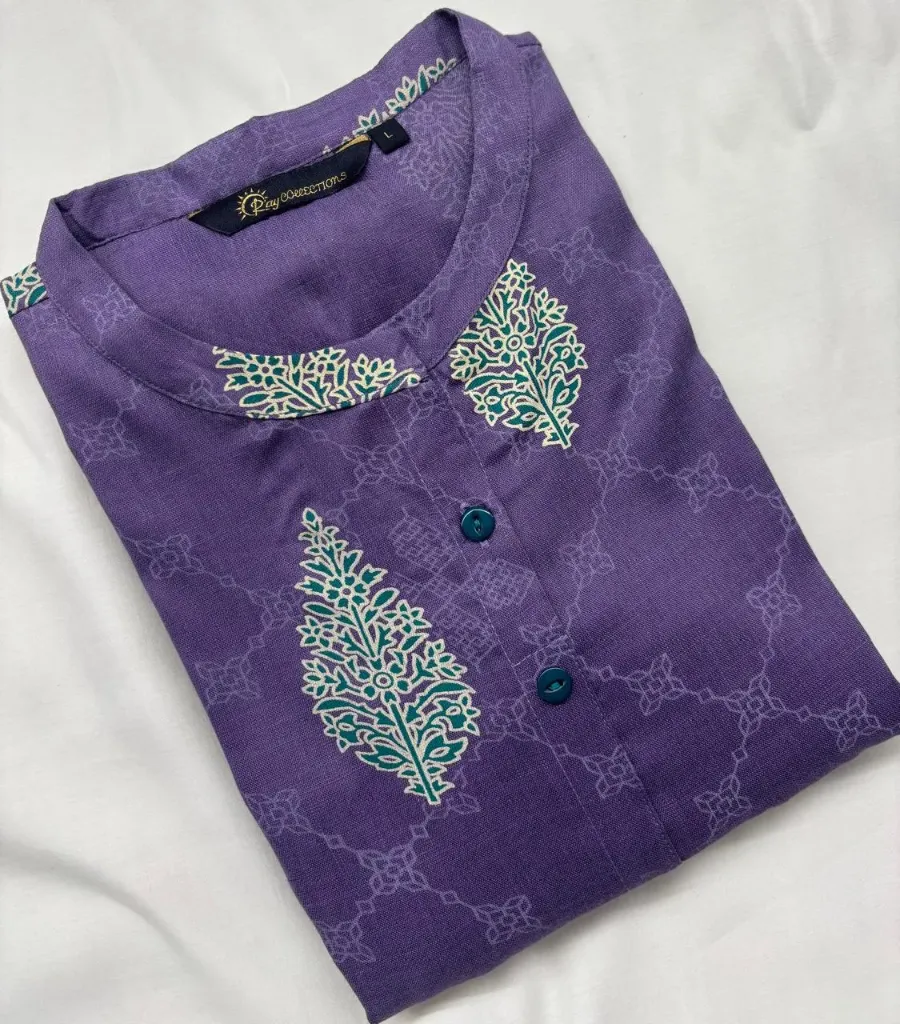 Cotton Collar kurtis Purple with Green  (S-38)