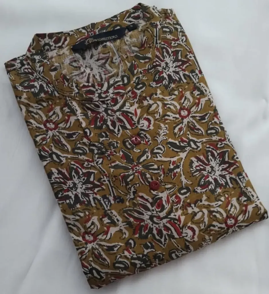 Cotton Collar kurtis Mustard with Red  (S-38)