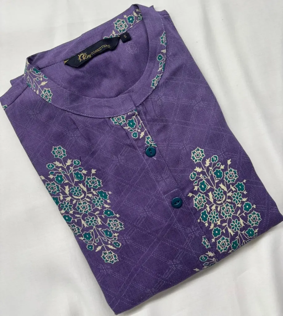 Cotton Collar kurtis Purple with flower  (S-38)