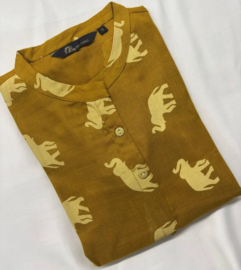 Cotton Collar kurtis Mustard with Elephant design  (S-38)