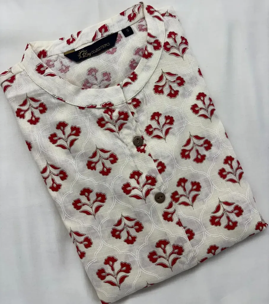 Cotton Collar kurtis White with Red  (S-38)