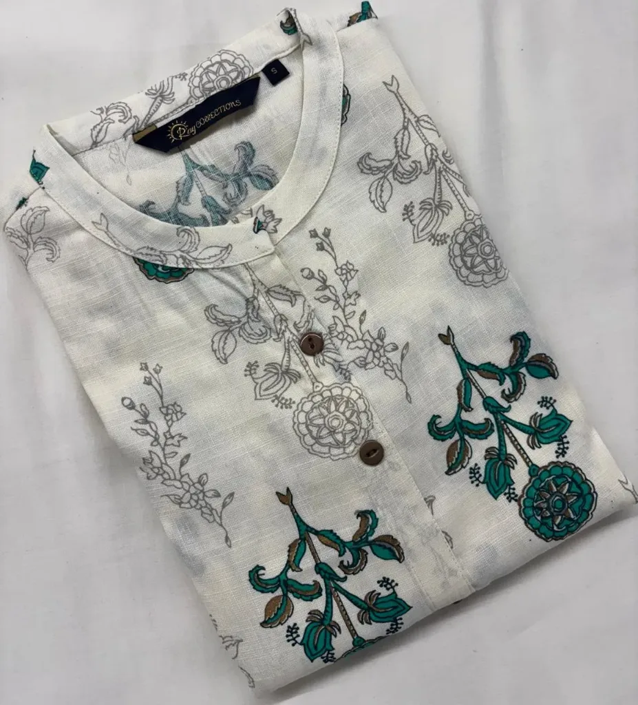 Cotton Collar kurtis White with Green Floral  (S-38)