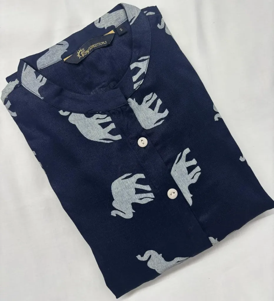 Cotton Collar kurtis Navy Blue with Elephant designs (S-38)