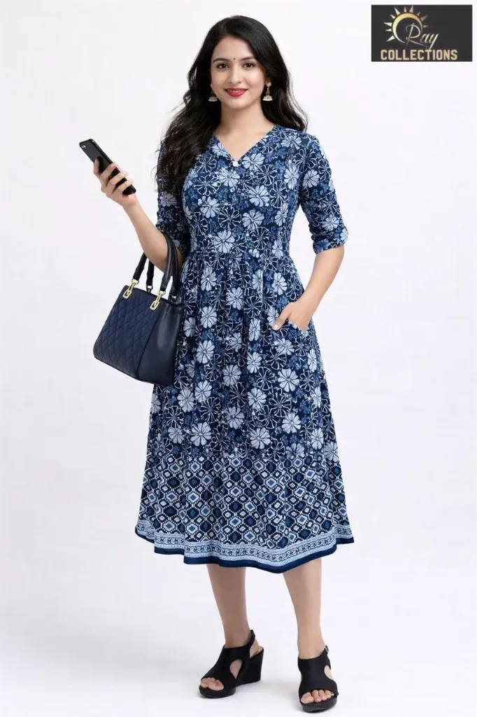 Umbrella kurtis Blue Black flowers design
