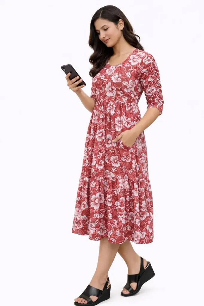 Umbrella kurtis Red Cream flower