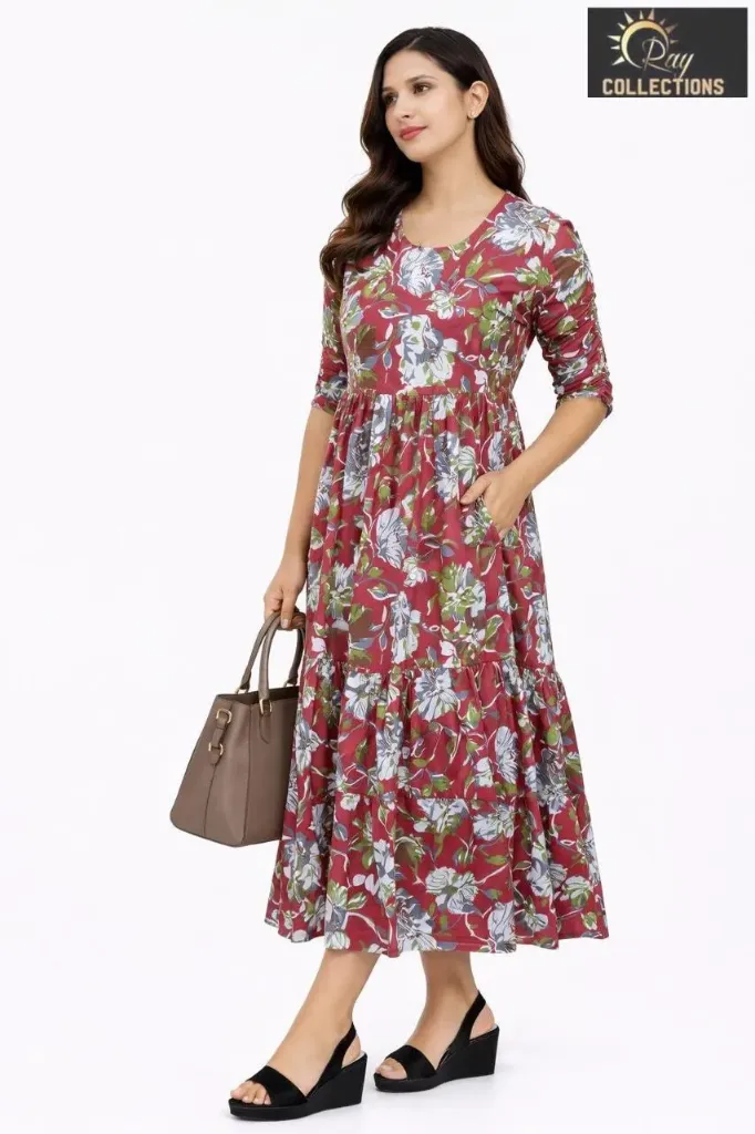 Umbrella kurtis Brown, Blue Leaves