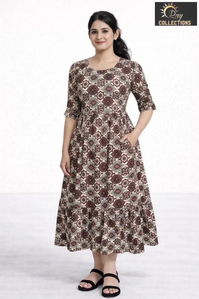 Umbrella kurtis Cream, Brown Pattern Design