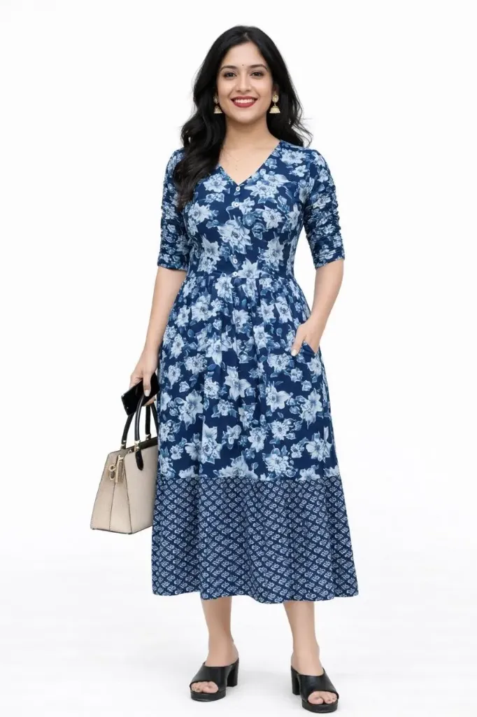 Umbrella kurtis Blue White flowers design 1