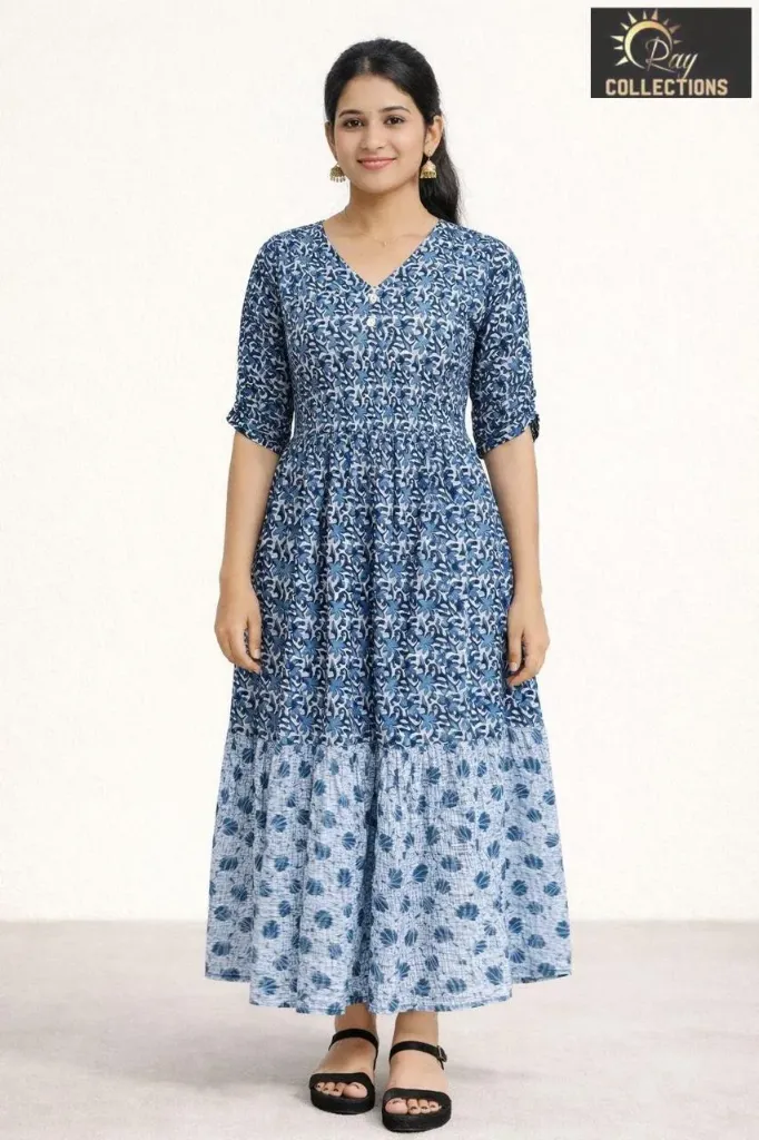 Umbrella kurtis Dark Blue White Leave design
