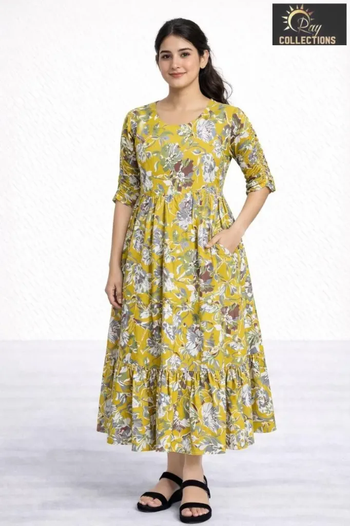 Umbrella kurtis Yellow White Leave design