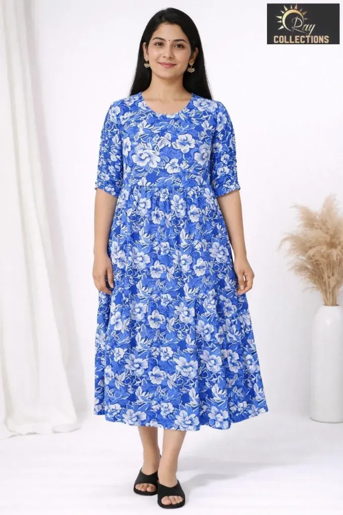 Umbrella kurtis Royal Blue, White Black Flowers