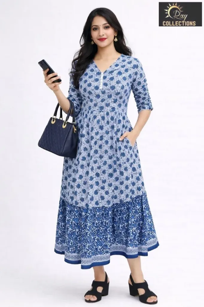 Umbrella kurtis Blue, White Flowers 1