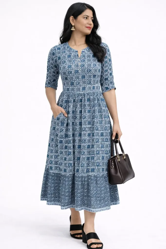Umbrella kurtis Greenish Blue, White Pattern