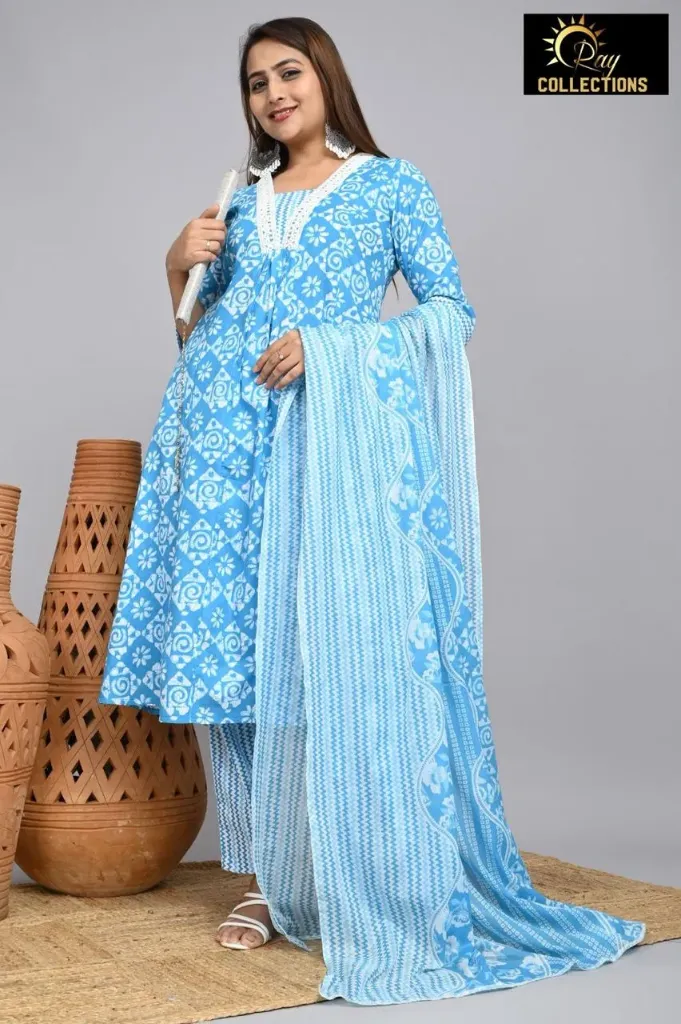 Cotton Effortless Style Everyday Elegance Pastel Blue, White flowers (S-38)