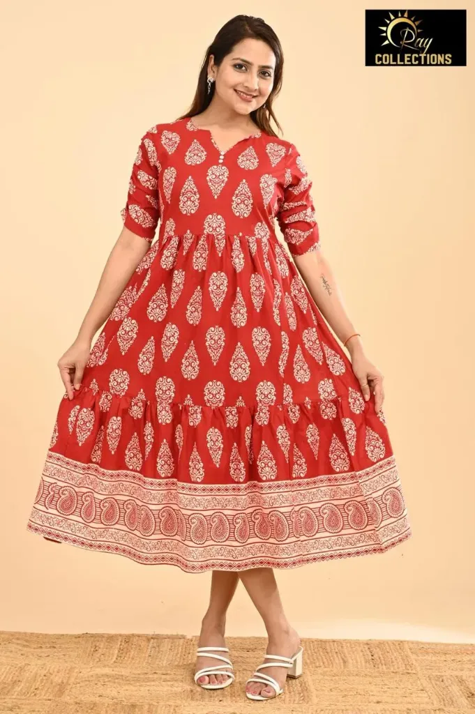 Cotton Frocks Red with Cream