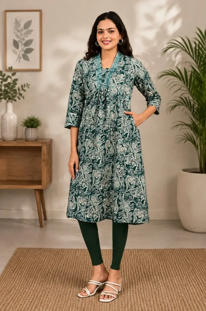 Aline Kurtis cotton Green with cream