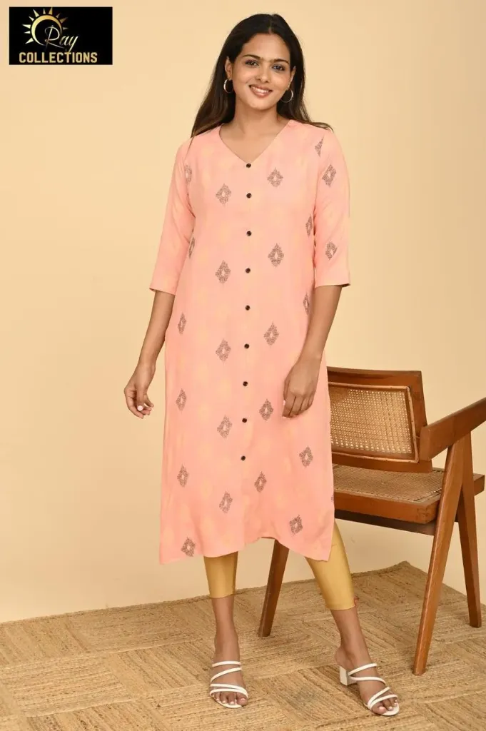 Office wear / College wear kurtis Light Peach, Yellow-Black Design