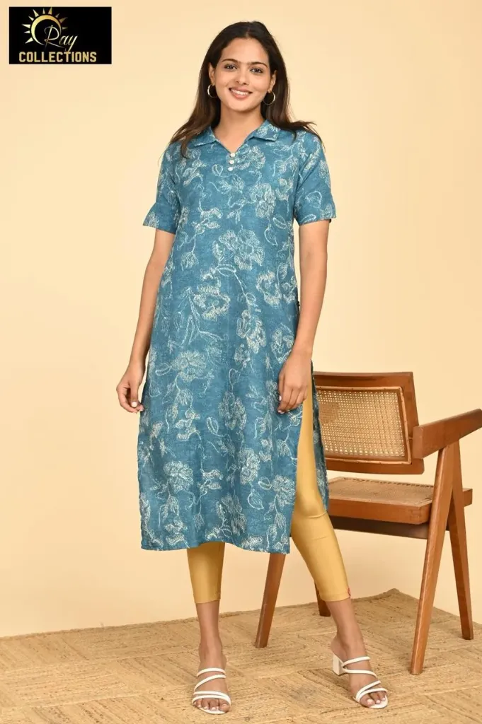 Office wear / College wear kurtis Multi Muted Blue, Cream Flowers