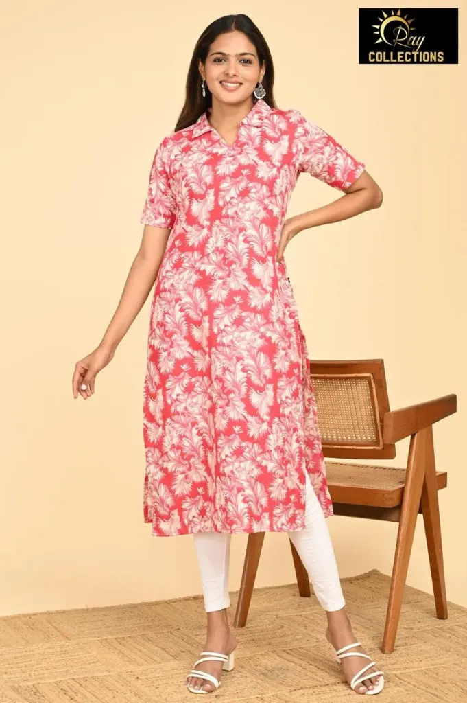 Office wear / College wear kurtis Multi Pinkish Red, White Leaves