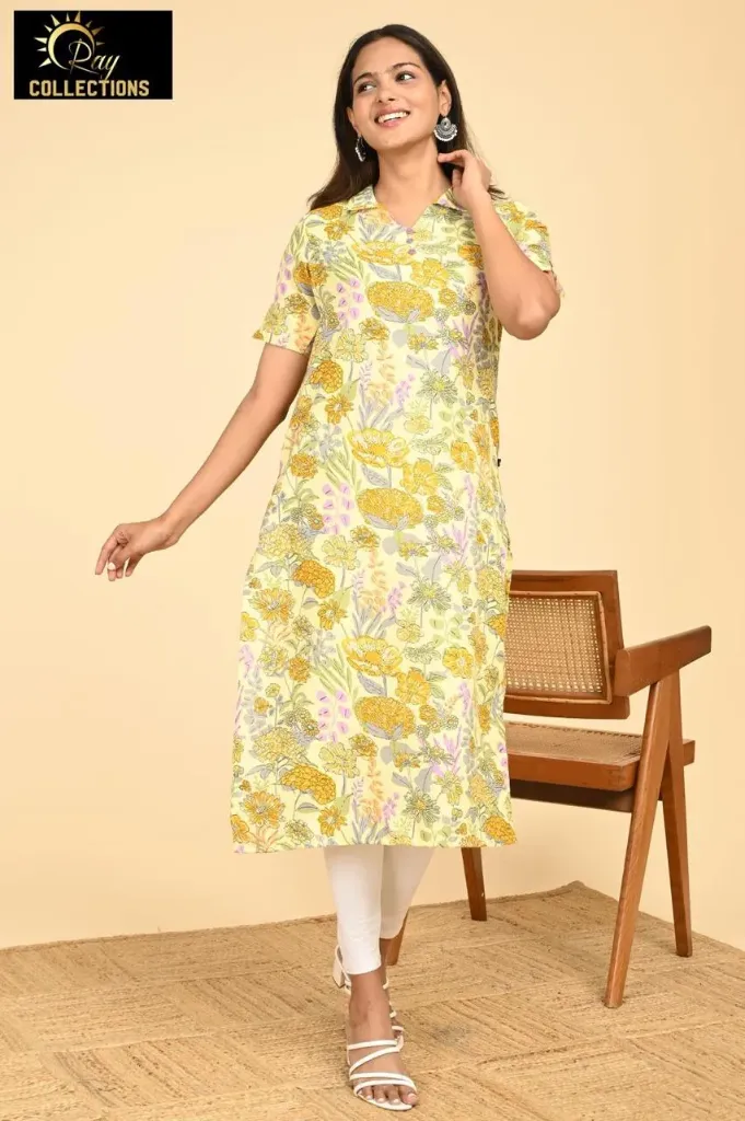 Office wear / College wear kurtis Multi Yellowish White, Yellow Plants Design