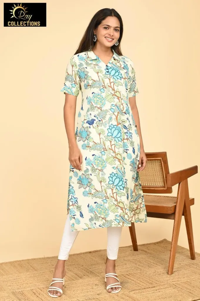 Office wear / College wear kurtis Multi Cream, Blue Flowers