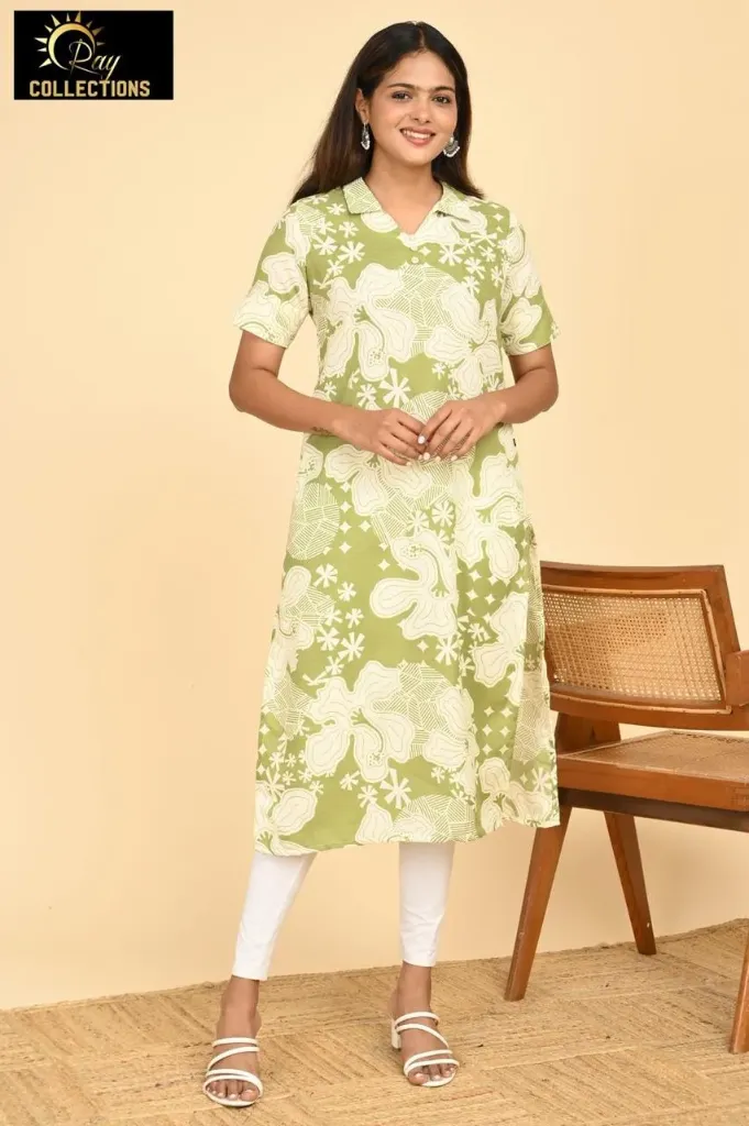 Office wear / College wear kurtis Multi Olive Green, Cream Flowers