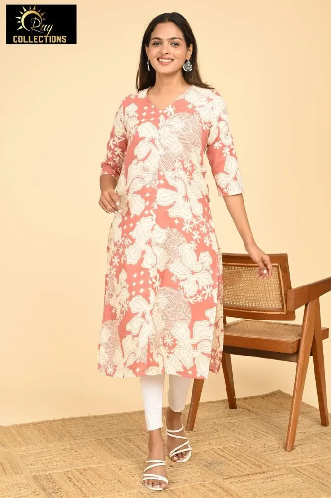 Office wear / College wear kurtis Multi light Peach, Cream Flowers Patterns