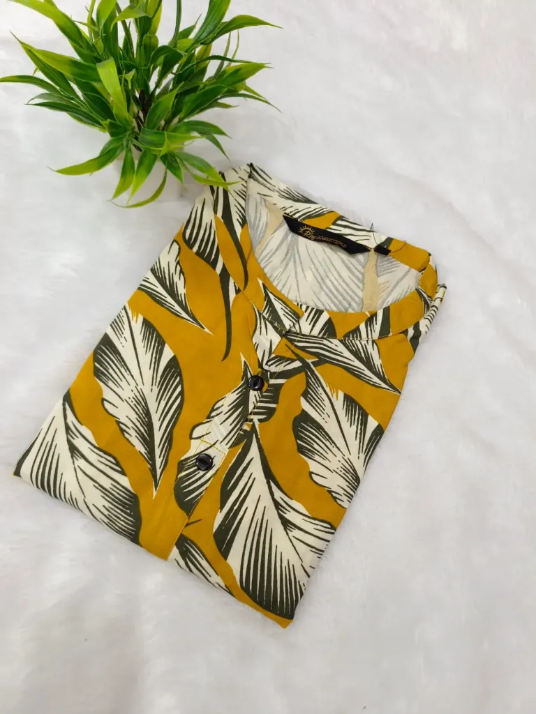 Office wear / College wear kurtis Yellow with Black leaf Design