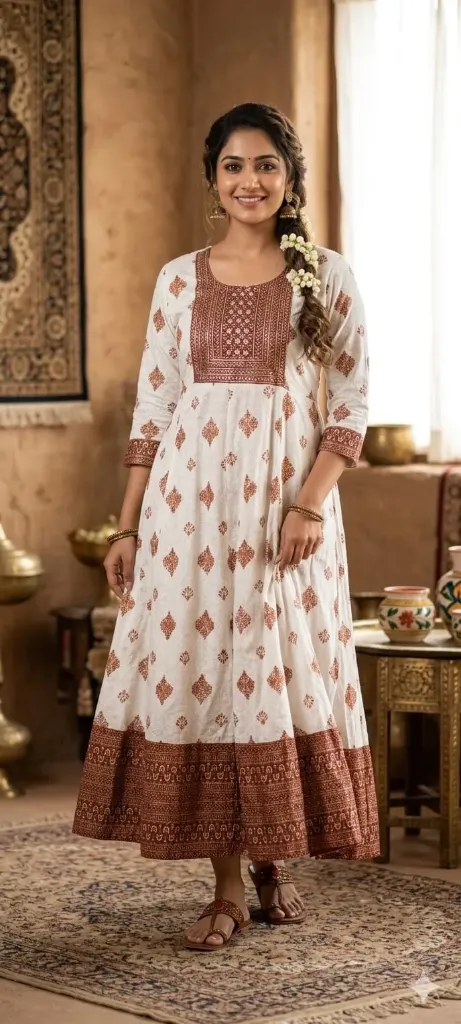 Umbrella kurtis Rayon White with Rust Orange