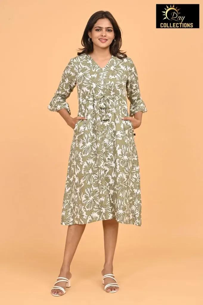 Umbrella kurtis 3 Graish Green, White Flowers