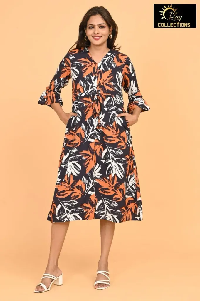Umbrella kurtis 3 Black, White-Orange Leaves (S-38)