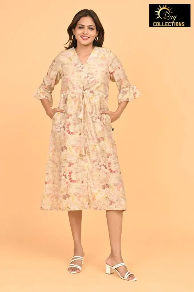 Umbrella kurtis 3 Cream, Pachi Green-Orange Leaves (S-38)