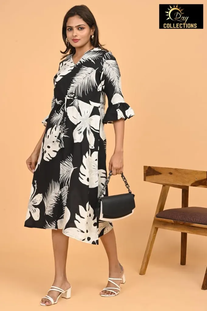 Umbrella kurtis 3 Black, White flowers, leaves