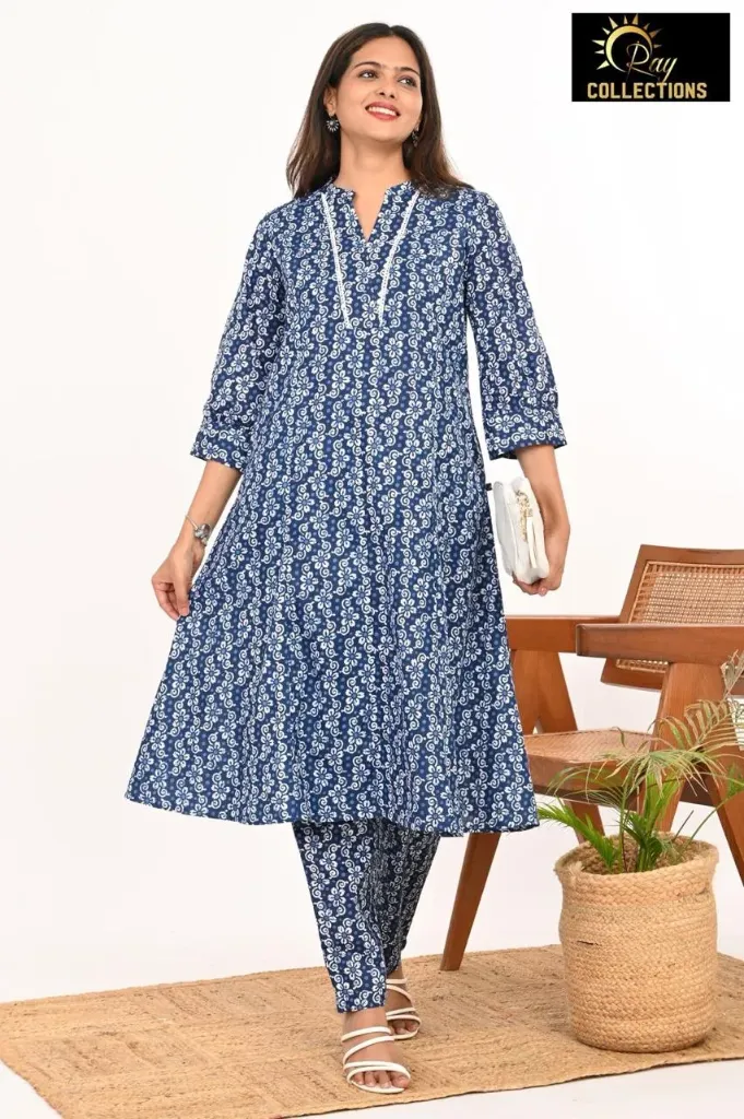 Cotton aline cordsets Indigo Blue, White Flower Design (S-38)