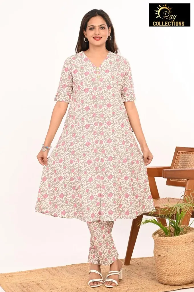 Cotton aline cordsets Cream, Pink Flower Design (S-38)