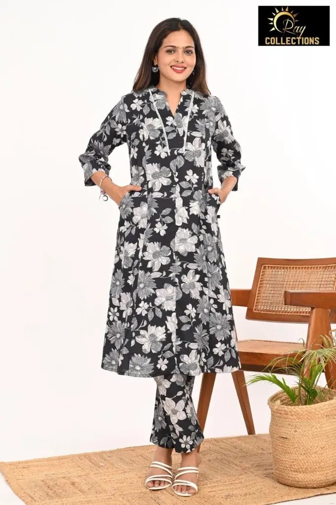 Cotton aline cordsets Black, Light Gray Flowers (S-38)