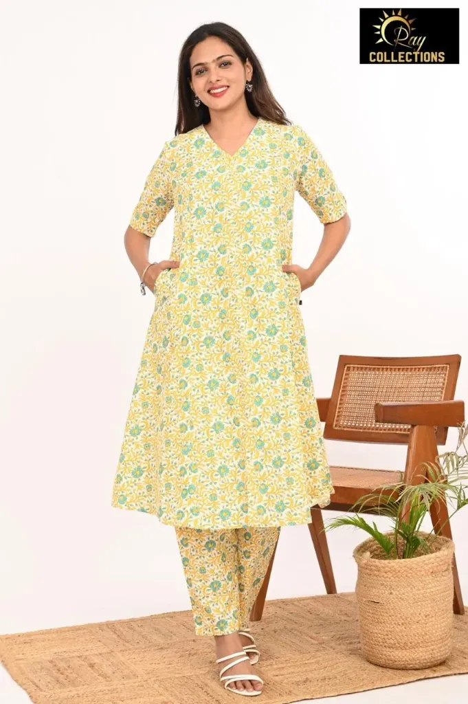 Cotton aline cordsets Yellow, Bluish Green Flowers (S-38)