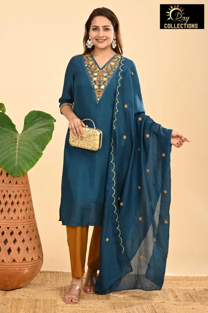 Vichitra Silk with lining sets Greenish Blue (S-38)