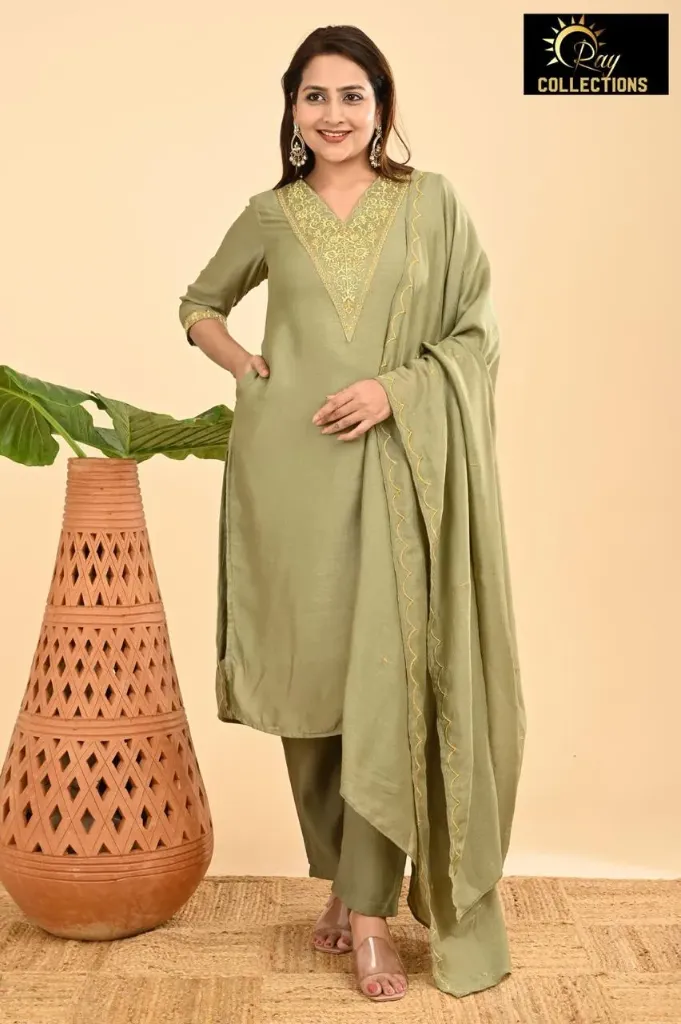 Vichitra Silk with lining sets Olive Green (S-38)