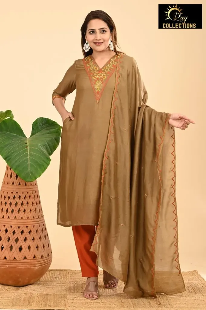 Vichitra Silk with lining sets Brown, Red embroidery