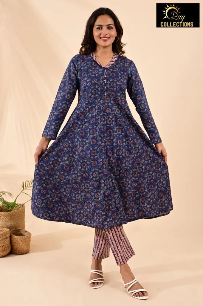 Cotton sets with Fullarm Sleeves Navy Blue, Flower design (S-38)