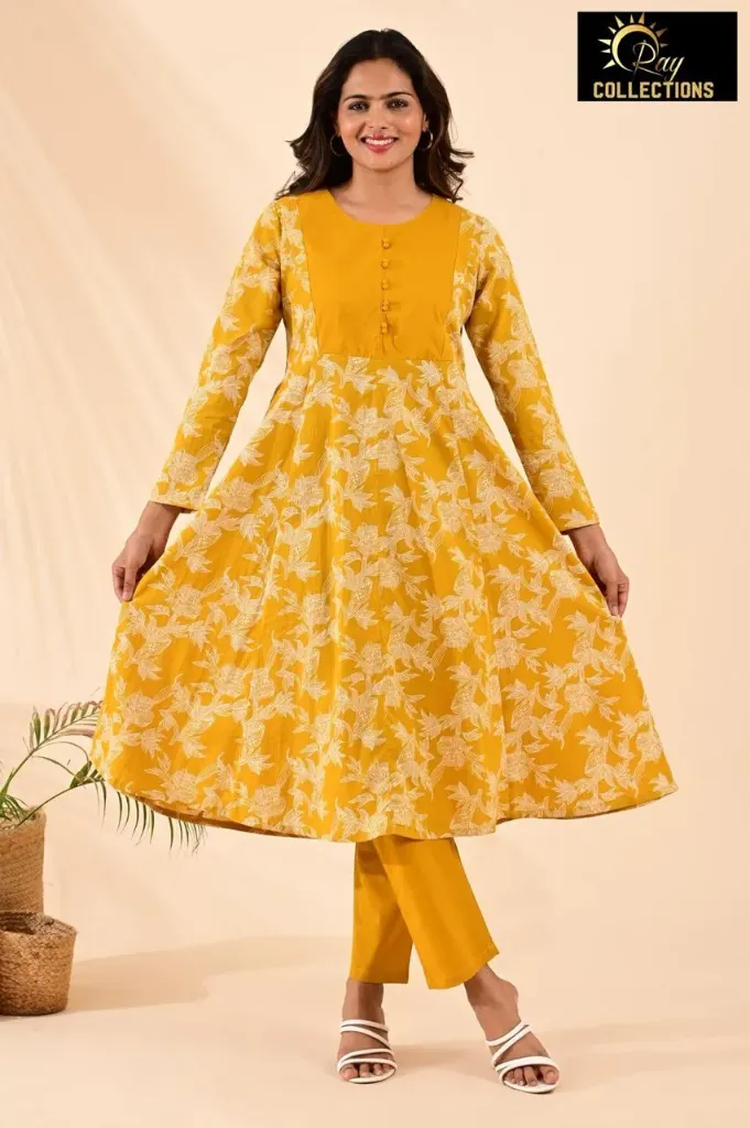 Cotton sets with Fullarm Sleeves Golden Yellow, Flower design (S-38)